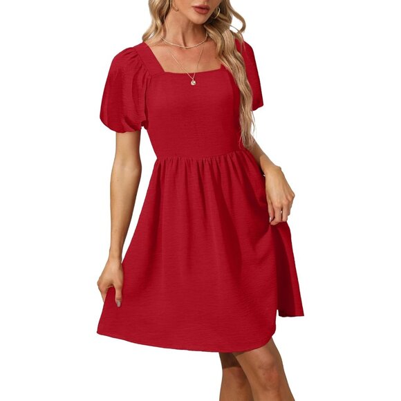 Ofeefan Women Red Puff Sleeve Square Neck Tie in Back Dresses with Zipper - Picture 3 of 5